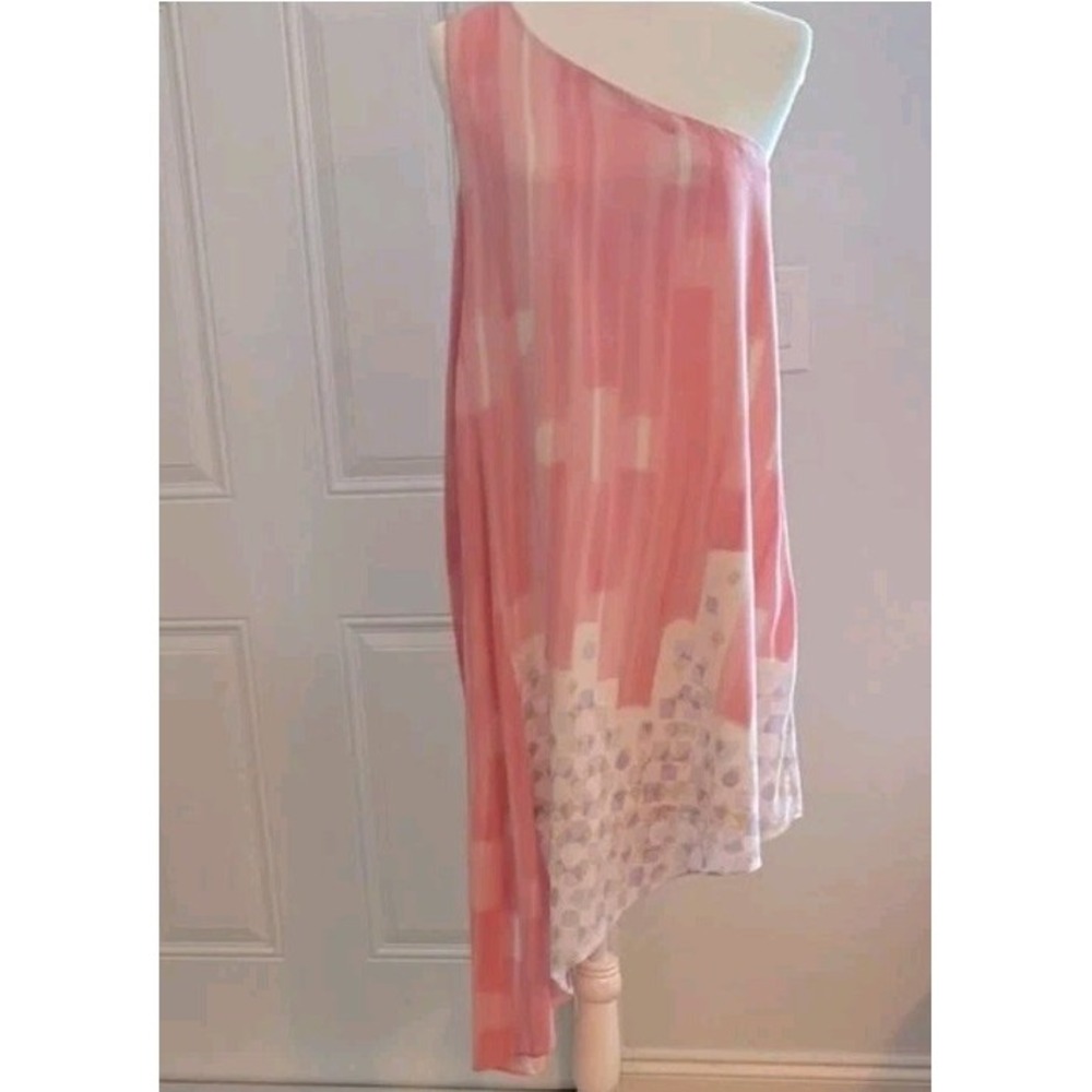 Maeve Anthropologie Avalonne One Shoulder Dress Pink Geometric Size 8